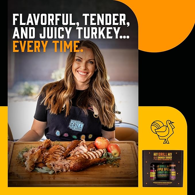 Hey Grill Hey | Turkey Brine Kit | | Includes Apple Spice Brine, Smoked Turkey Rub, and Cranberry BBQ Glaze| Smoked Turkey Brine & Seasoning Kit