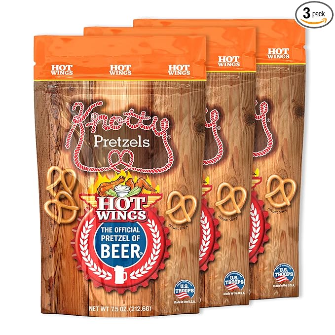 Knotty Pretzels ?쏷he Official Pretzel of Beer??7.5 oz Individual Seasoned Pretzels in Resealable Pretzel Snack Bags, The Perfect Pairing for Beer, Hot Wings Flavor (3-Pack)