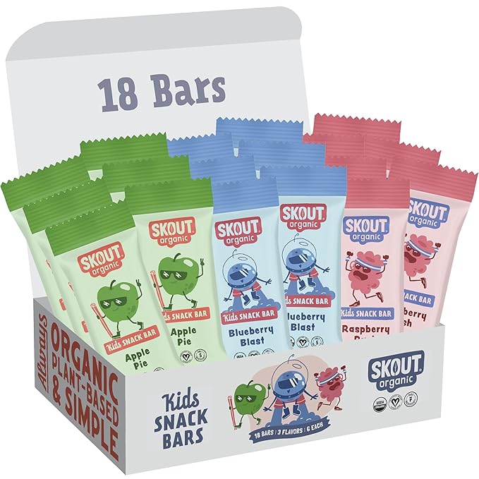 Skout Organic Real Food Bars for Kids Fruit Variety Pack (18 Pack) | Organic Snacks for Kids | Plant-Based Nutrition, No Refined Sugar | Vegan | Gluten, Dairy, Grain & Soy Free