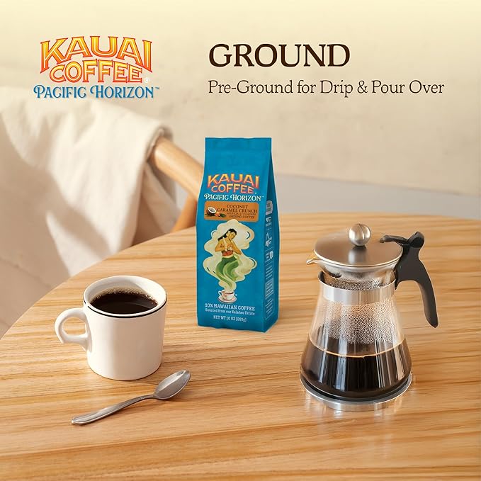 Kauai Coffee Ground Coffee ??Smooth, Rich, Medium Roast ??Nutty Caramel and Tropical Coconut ??Arabica Coffee, 10% Hawaiian with No Bitterness ??Coconut Caramel Crunch, 1 Pack of 10oz