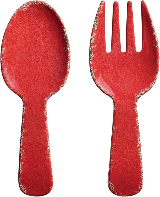 UPware Crackle Melamine Salad Servers, Serving Utensil Set, Includes Serving Fork and Spoon for Tossing Salad, Pasta, Red, 10.75 Inch, Set of 2