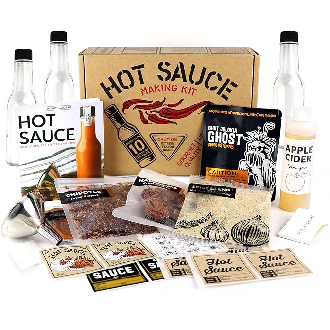 Deluxe Hot Sauce Making Kit, Ghost Pepper Edition, Gourmet Spice Blend, 3 Bottles, Fun Labels, Make your own, DIY, for Dad, Grandpa, Papa, Secret Santa. (Deluxe Ghost Pepper Kit)
