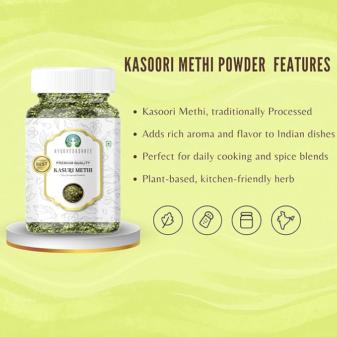 AYURVEDASHREE Fenugreek Leaves Dried (Kasoori Methi) 25gm PET Jar ~ All Natural | Vegan | NON-GMO | Indian Origin | Dried Herb For Cooking | Kasuri Methi.