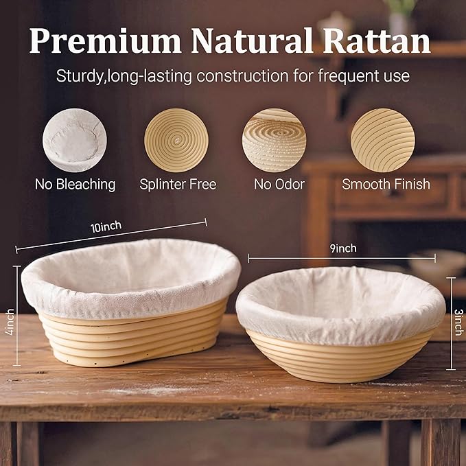 Sourdough Bread Proofing Basket Kit,9" Round and 10" Oval Banneton Basket with Liners & Covers,Bread Baking Supplies with Bread Lame, Dough Whisk, Brush,Bowl Scraper,Brush and Scraper