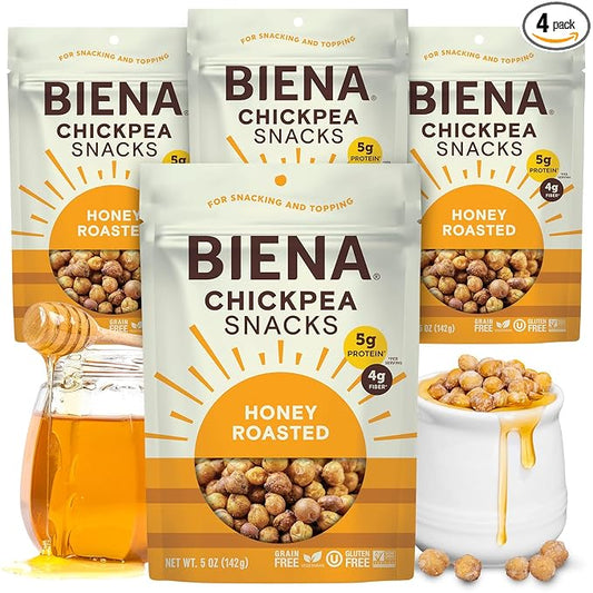 BIENA Chickpea Snacks - Crunchy Roasted Chickpeas - High Fiber Protein Snacks for Adults and Kids - 4-Pack, 5 Ounce Bags - Honey Roasted