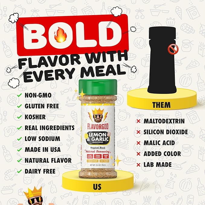 Lemon Garlic Seasoning Mix by Flavor God - Premium All Natural & Healthy Spice Blend for Chicken, Seafood, Salads & Vegetables - Kosher, Low Sodium, Dairy-Free, Vegan & Keto Friendly - Great Flavor Spices and Seasoning Gift