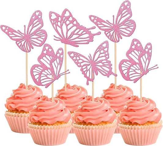Rsstarxi 24 Pack Pink Glitter Butterfly Cupcake Toppers Glitter Assembled Hollow Butterfly Baby Shower Cupcake Picks Wedding Engagement Bridal Shower Kids Birthday Party Cake Decorations