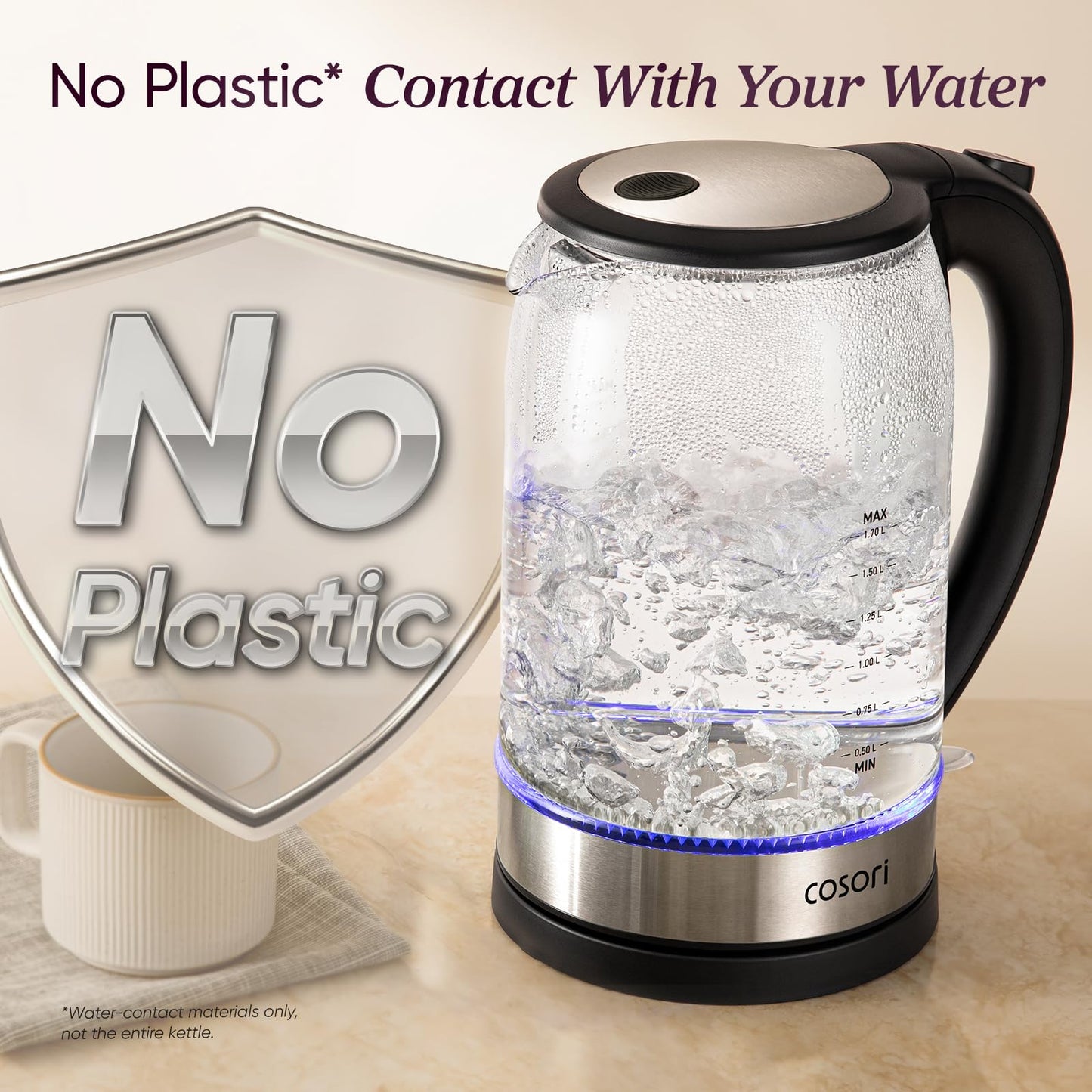 Cosori Electric Kettle, No Plastic Contact with Water, 1.7L, Black