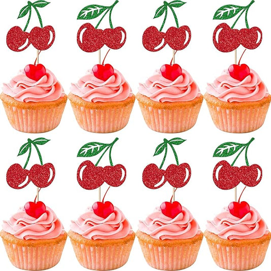 24 Pack Cherry Cupcake Toppers Glitter Red Cherry Cupcake Picks for Fruit Cherry Theme Baby Shower Bridal Shower Birthday Party Cupcake Decorations Supplies