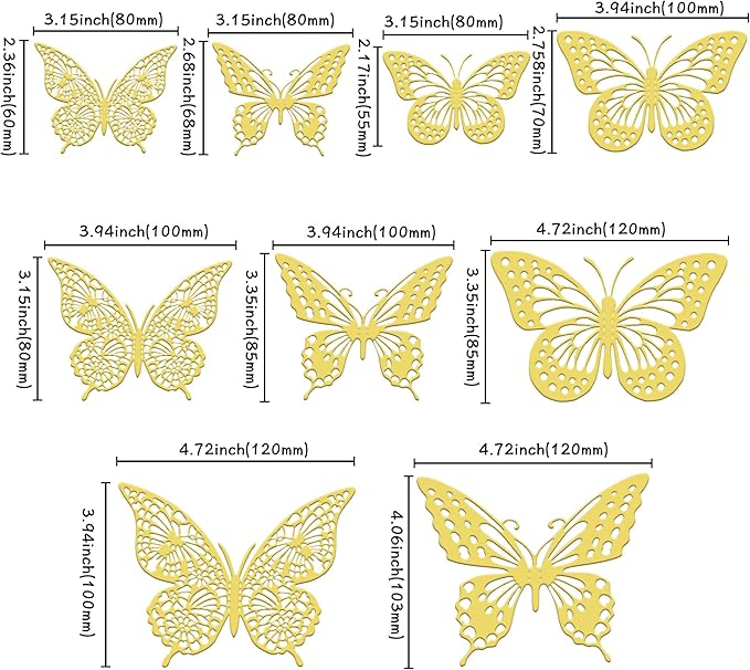Gyufise 36 Pack Gold Glitter 3D Butterfly Cupcake Toppers Hollow Cake Decorations for Birthday Wedding Fairy Party Wall Sticker Decal