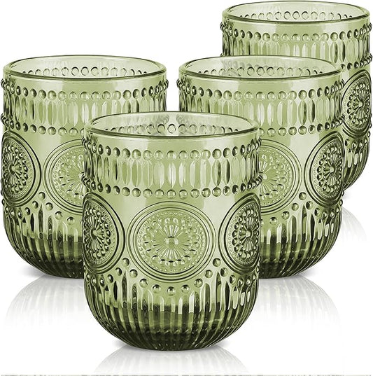 Joeyan Vintage Drinking Glasses Set of 4,9 oz Green Embossed Sunflower Small Water Glass Tumbler Cups,Colored Romantic Beaded Glassware for Beverages Cocktail Juice Wine,Dishwasher Safe