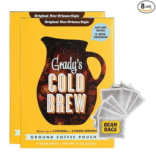 GRADY’S COLD BREW, New Orleans Style, 100% Arabica Ground Coffee & Chicory Pouches, TWO Boxes of Four Easy-to-Brew Bean Bags, Makes 24 drinks