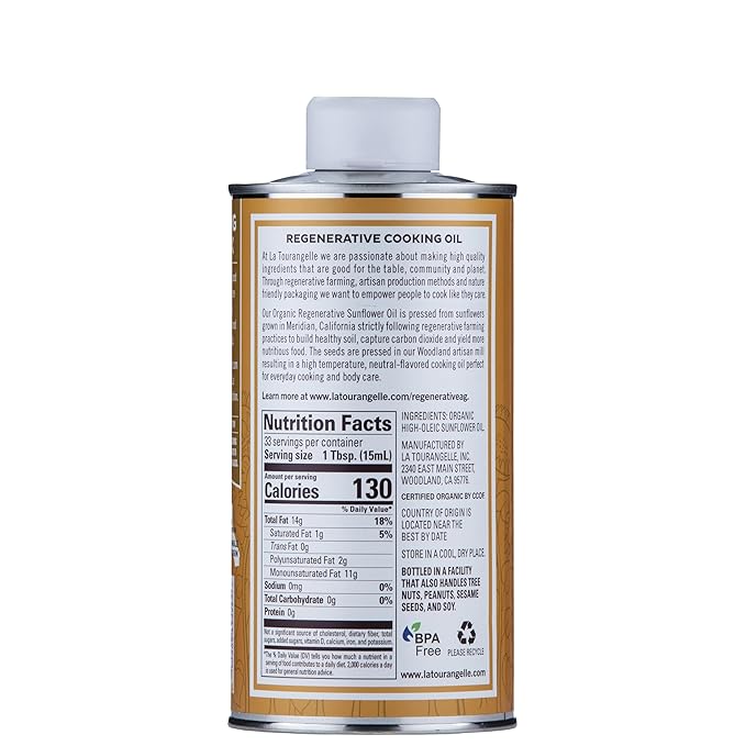 La Tourangelle, Organic Regenerative Sunflower Oil, High Heat Cooking and Skin Care Oil, Sustainable, Non-GMO, 16.9 fl oz