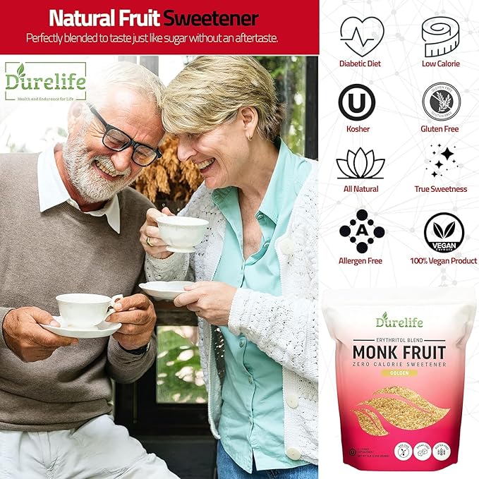Durelife Golden Monk Fruit Sweetener, 1:1 Sugar Replacement, Keto Diet Friendly, Zero Calorie, Kosher Sugar Substitute Crystal, Golden - 5 lb Bulk Size (Packaging May Vary)