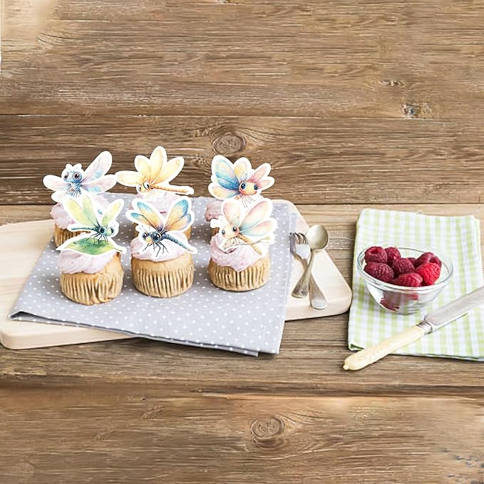 Rsstarxi 60 Pack Edible Dragonfly Cake Toppers Rice Paper Flying Insects Cupcake Picks for Baby Shower Birthday Wedding Anniversary Party Cake Decorations Supplies