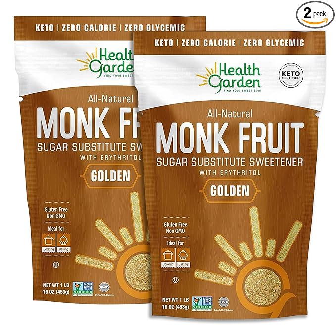 Health Garden Monk Fruit Sweetener, Golden - Non GMO - Gluten Free - 1:1 Sugar Substitute - Kosher - Keto Friendly (1lb 2-pack)