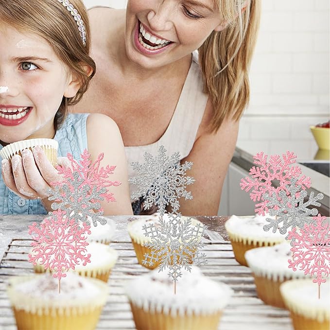 Rsstarxi 24 Pack Snowflake Cupcake Toppers Glitter Winter Wonderland Theme Cupcake Picks Snowflake Cake Decorations for Winter Frozen Baby Shower Birthday Party Decorations Silver Pink