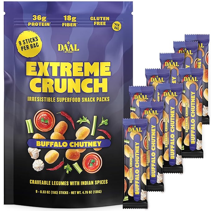 Daal By Keen Crunchy Mung Bean Snacks ??Buffalo Chutney ??Plant-Based Protein, High Fiber, Gluten-Free, Nut-Free ??Mix into Salads or Enjoy as an On-the-Go Snack ??1 Resealable Pack, 4.76 oz