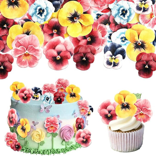 60 PCS Edible Flowers Cake Toppers Wafer Paper Flowers Cupcake Toppers Pansies Wedding Bridal Engagement Edible Flower Cake Decorations for Baby Shower Birthday Party Cake Food Decorations Supplies