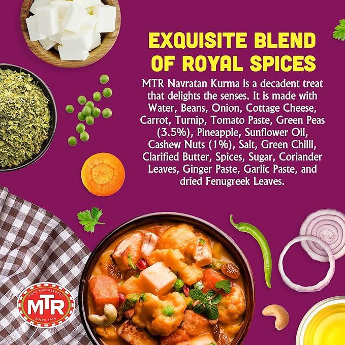 MTR - Minute Meals: Navratan Kurma - Vegetables in Mildly Spiced & Sweetened Gravy - Tasty Indian Meal with No Added Preservatives - Suitable for Vegetarians, Ready in Minutes! (Pack of 6)