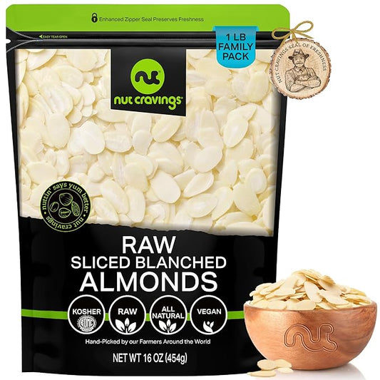 NUT CRAVINGS - Blanched Sliced Almonds - Raw, (16oz - 1 LB) Packed Fresh in Resealable Bag - Nut Snack - Food Assortments Ideal for Trail Mixed Nuts