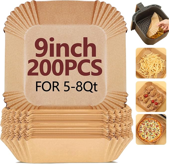 9 Inch Air Fryer Liners Disposable-200PCS Square Parchment Paper Liners,Heat Resistant & Non-Stick,Unbleached Liners for Air Fryer,Oven,Roasting,Baking,Microwave竊뉰ottom is 8 Inchç«?,<div>