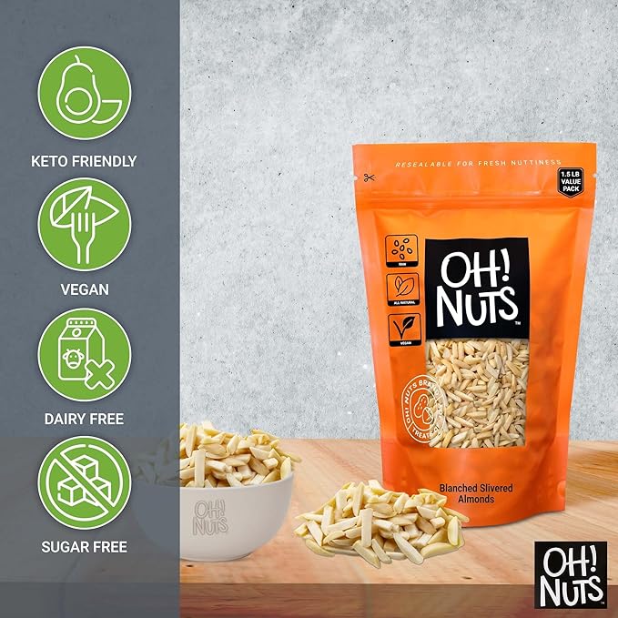 Oh! Nuts Almonds Blanched Slivered - Raw - 100% Natural - 1.5 lb - White Almond Sticks - Packed in New York Zip-Seal Bag for Exceptional Freshness