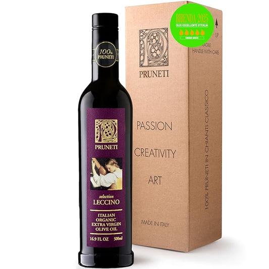 Pruneti - Leccino Medium, Organic New 2024-2025 Early Harvest Italian Olive Oil Extra Virgin from Tuscany, Italy, Polyphenol Rich 400+ mg/kg, Award Winner, First Cold Pressed, 16.9 fl oz