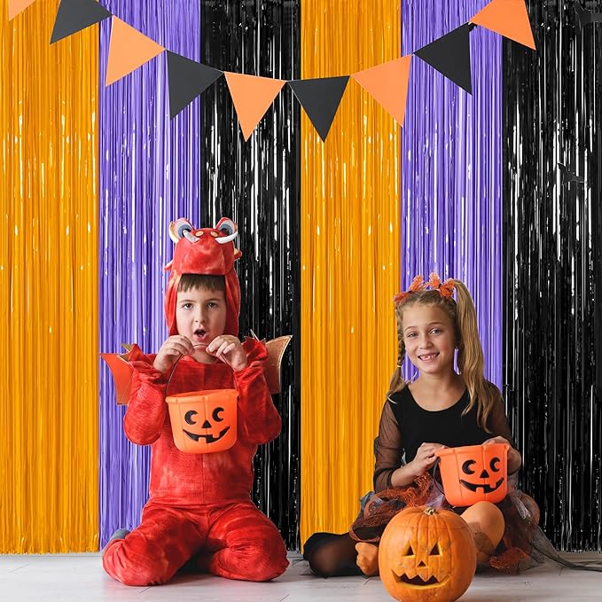 12 Pack Halloween Decor, 3.28 FT x 7.05 FT Orange Purple Black Fringe Curtains, Funny Wall Backdrop Photo Booth Backdrop Party Streamer, Halloween Foil Decorations Photo Booth Props