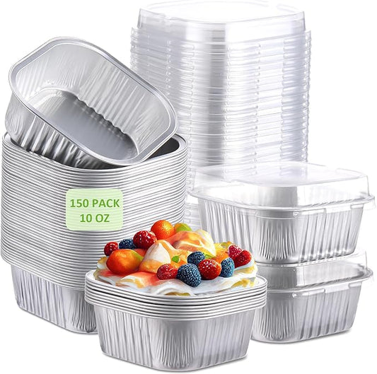 Aoriher 150 Pieces 10 oz Mini Cake Pans with Lids Aluminum Foil Baking Cups Square Disposable 4" x 4" Large Cupcake Cups Baking Tins for Kitchen Brownie Pudding Desserts Holders(Silver)