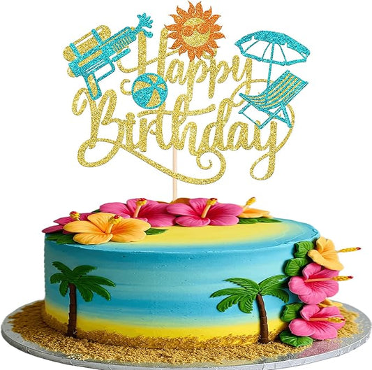 1 Pack Summer Beach Happy Birthday Cake Topper Tropical Hawaiian Water Gun Cake Pick Glitter Umbrella Pool Holiday Cupcake Decoration for Summer Baby Shower Birthday Party Supplies Gold