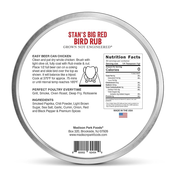 Stan?™s Big Red Bird Rub ??Poultry Seasoning for BBQ Chicken and Fried Turkey ??Perfect Beer Can, Spatchcock, Wings ??All Natural, Gluten-Free, Low Salt, No MSG ??3oz Fresh-Sealed Pouch in Reusable Tin