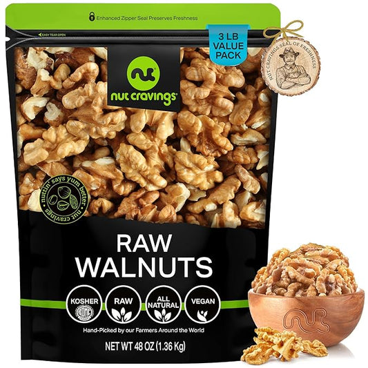 NUT CRAVINGS - Raw Walnuts Halves & Pieces, Unsalted, Shelled, (48oz - 3 LB) Bulk Nuts Packed Fresh in Resealable Bag - Kosher Healthy Snack, Food Assortments Ideal for Trail Mixed Nuts