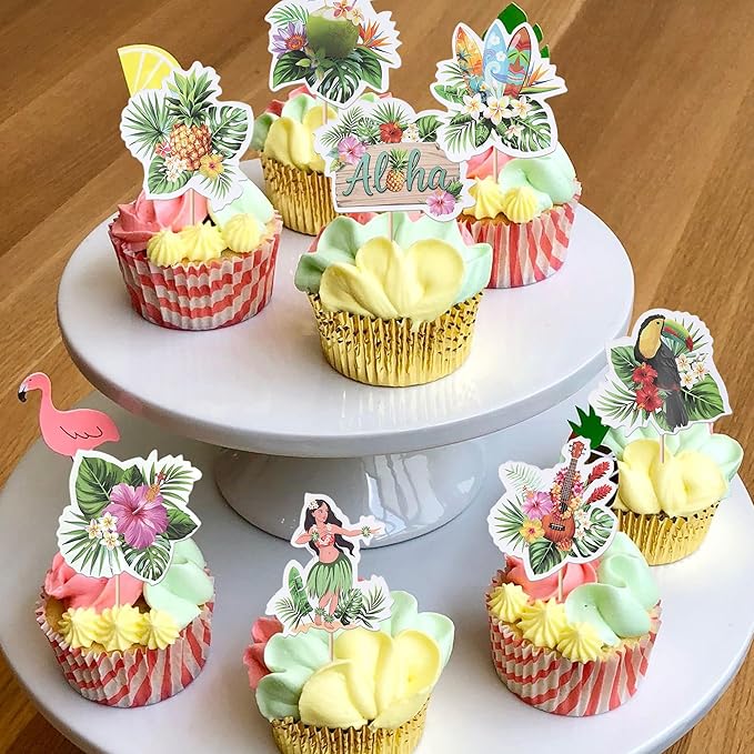 Rsstarxi 36 Pack Tropical Hawaii Cupcake Toppers Tropical Flamingo Guitar Hula Aloha Cupcake Picks for Summer Hawaii Luau Beach Theme Baby Shower Wedding Birthday Party Cake Decorations