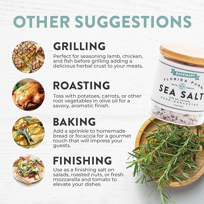 FLORIDA PURE Rosemary Sea Salt 80+ Mineral Sea Salt Unrefined, Non Iodized Natural Sea Salt for Baking, Cooking, Seasoning & Enhancing Taste, Rich in Taste Rosemary Salt, Flaky Sea Salt (1.8 oz Jar)