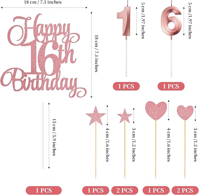 16th Birthday Cake Decorations, 16th Birthday Candles Cake Numeral Candles and Glitter Happy 16th Birthday Cake Toppers Set for Birthday Party Supplies (Rose Gold)