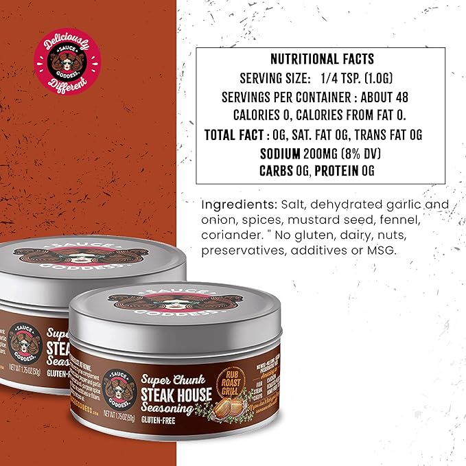 Sauce Goddess - Super Chunk Steakhouse Seasoning (2 Tin Cans) - No Sugar, Additives, Vegan, Gluten-Free, Perfect for Meat, Chops & More - 1.75g Each