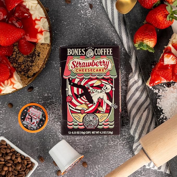 Bones Coffee Company Strawberry Cheesecake Flavored Coffee Pods, Low Acid Medium Roast Single-Serve Bones Cups, Compatible with 1.0 & 2.0 K-Cups Brewers Coffee Maker, 12 Count