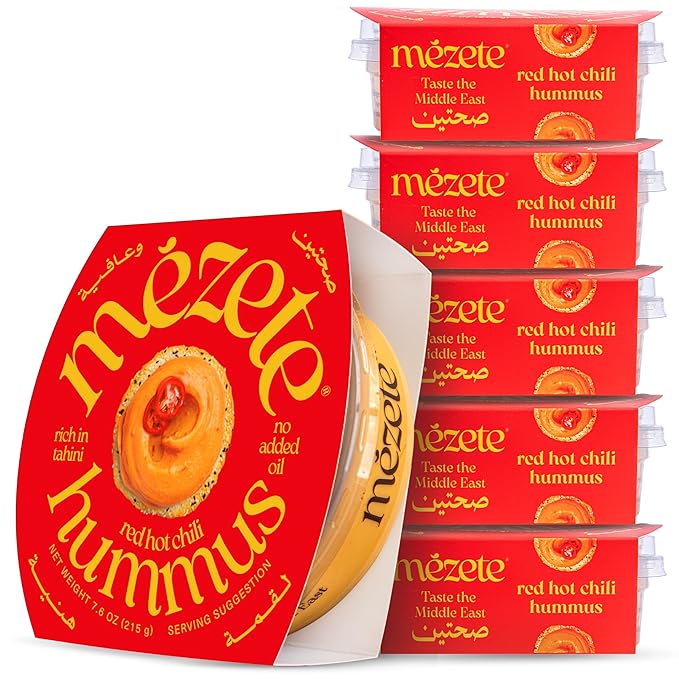 Mezete Red Hot Chili Hummus | Traditional Hummus Recipe | All-Natural Dips and Spreads | Ready to Eat | No Preservatives | Gluten-Free | No Refrigeration Required | 180g (Pack of 6)