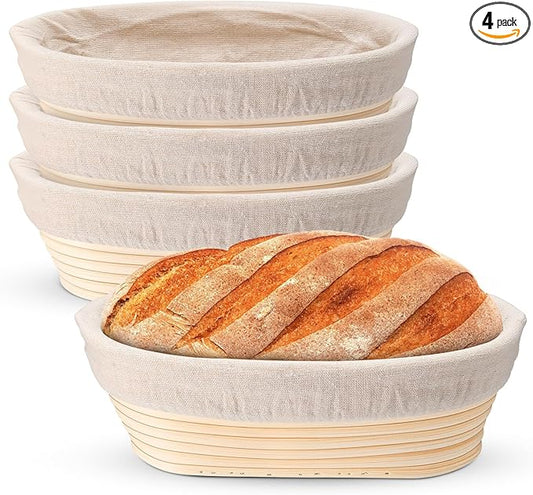 P&P CHEF Sourdough Bread Proofing Basket Set of 4, 10 Inch Oval Dough Proofing Bowls, Sourdough Bread Baking Supplies for Bakers, Handmade Rattan Baskets with Cloth Liner