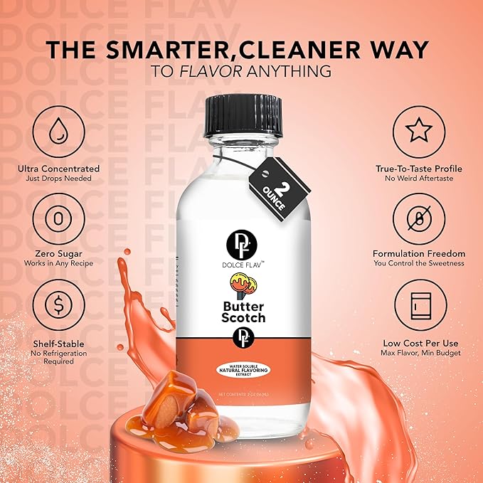 Dolce Flav Natural Butterscotch Extract 2 oz ??Kosher, Sugar-Free, Concentrated Rich Butterscotch Flavoring for Baking, Beverages & Desserts, Includes Measured Dropper