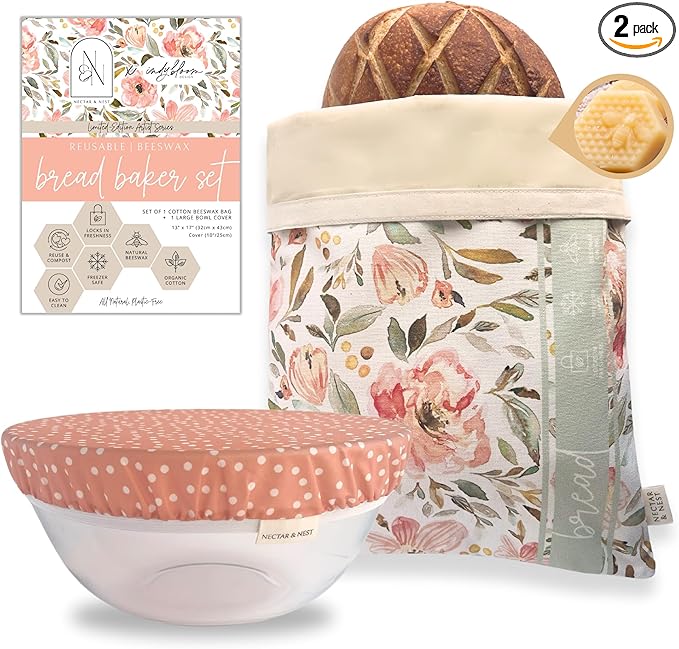 Nectar & Nest Bread Baker Set, Reusable Beeswax Bread Bags for Homemade Bread, Sourdough Bag, Organic Cotton Beeswax Bowl Cover, Limited-Edition Artist Series