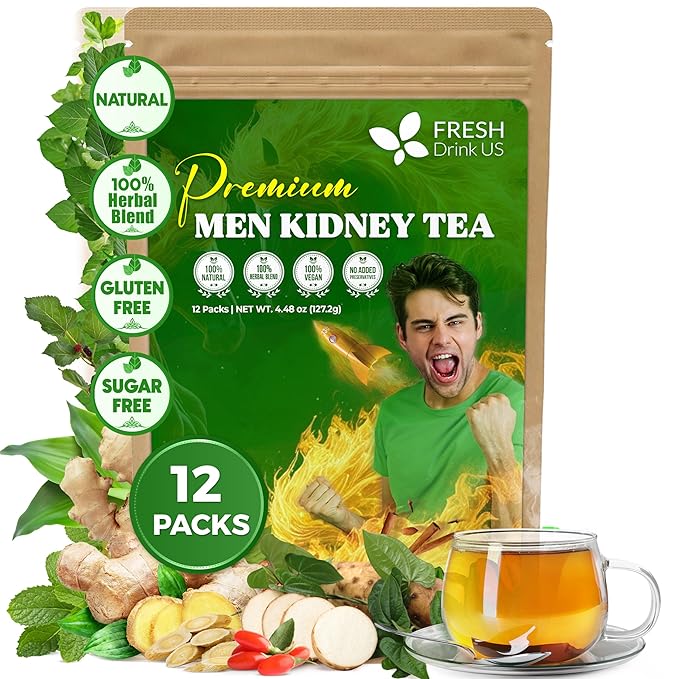 FreshDrinkUS, 12 Packs of Premium Herbal Kidney Support Tea ??Ginseng Six Treasure Blend, 9 Powerful Ingredients, 10g/Bag ??Men's Wellness Tea with Ginseng and Five Treasure Aid Root.