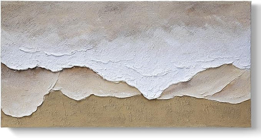 Artaanchuil Hand Painted Beach Waves Textured Wall Art - White and Brown Oil Painting 24x48 Inch Rectangle Large Moden Artwork for Living Room Horizontal Wall Decor