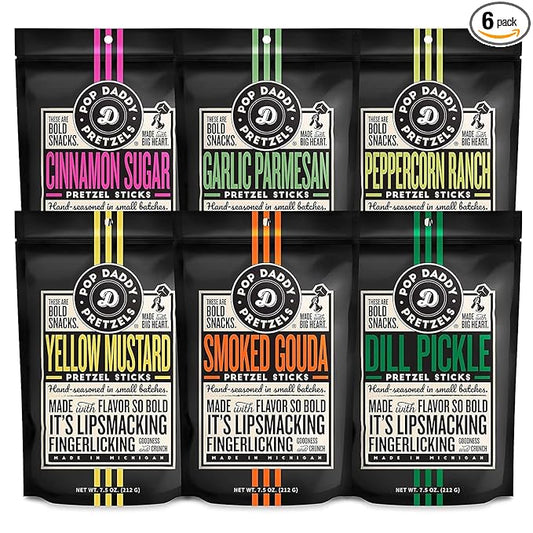 Pop Daddy Flavored Pretzels Sticks, Healthy Gourmet Pretzels, 7.5oz Variety Pack, 6 Pack, Garlic Parm, Cinnamon Sugar, Peppercorn Ranch, Smoked Gouda, Dill Pickle, Yellow Mustard