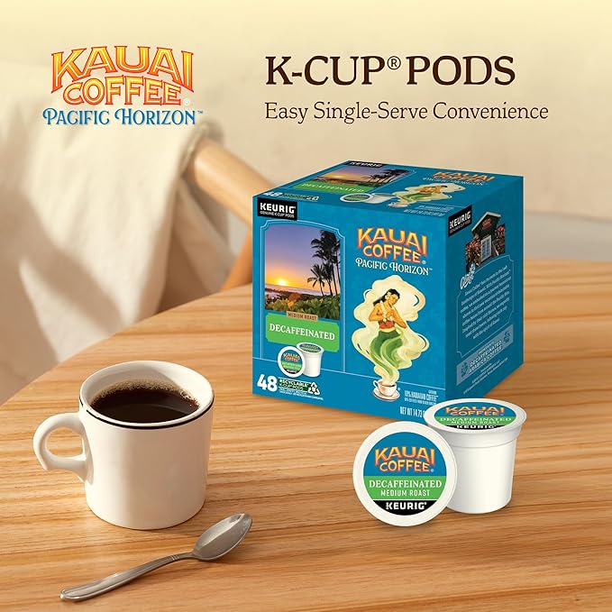 Kauai Coffee K-Cup Pods for Keurig Brewers – Arabica Coffee, 10% Hawaiian – Medium Roast, Bright Aroma with Floral Notes – Decaf, 1 Pack of 48 Single Serve K-Cups