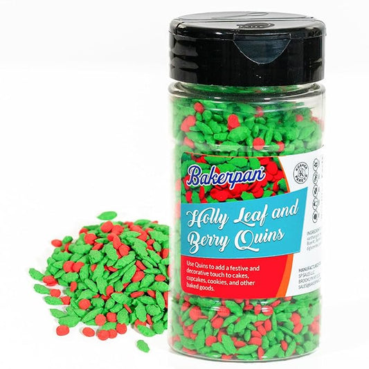 Bakerpan Quins Sprinkles For Cake Decorating - Holly Leaf and Berry Sprinkle Quins 4 Ounces - Holiday Confetti Edible Quins For Cupcakes, Ice Cream, Holiday Sprinkles Cake Decorations (Made in USA)
