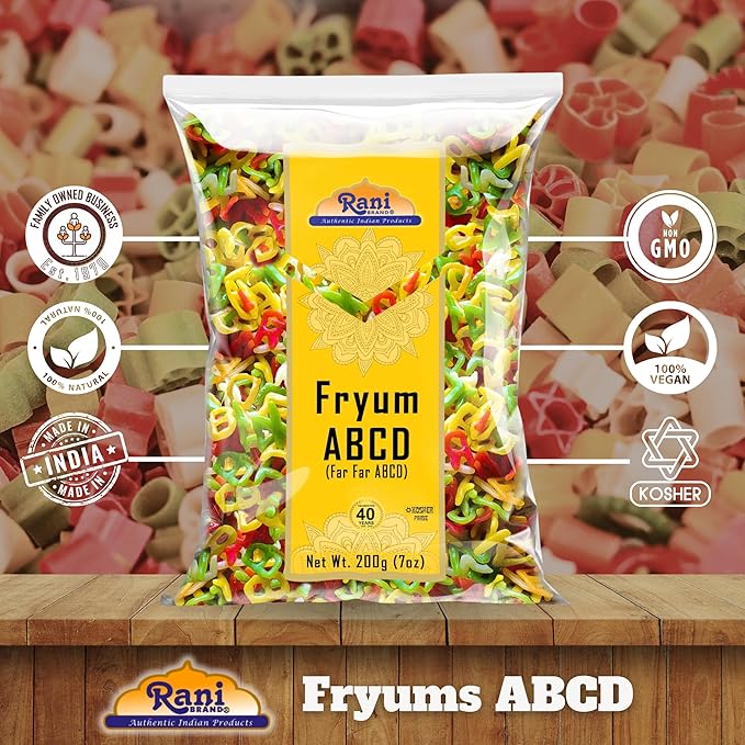 Rani Far Far/Fryums (Wheat & Tapioca Pellet) ABCD Shape 7oz (200g) ~ Vegan, Kosher, Uncooked, Used to Make Papad, Bhungra/Chip Snack