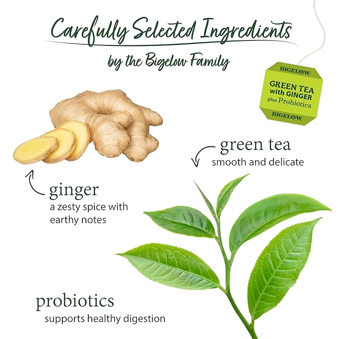Bigelow Tea Green Tea with Ginger Plus Probiotics, Caffeinated Tea with Ginger, 18 Count Box, (Pack of 6), 108 Total Tea Bags