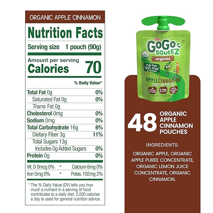 GoGo squeeZ Organic Applesauce and Fruit Puree, Apple Cinnamon, 3.2 oz (Pack of 48), Unsweetened Organic Fruit Snacks for Kids, Gluten Free, Nut Free and Dairy Free, Recloseable Cap, BPA Free Pouches